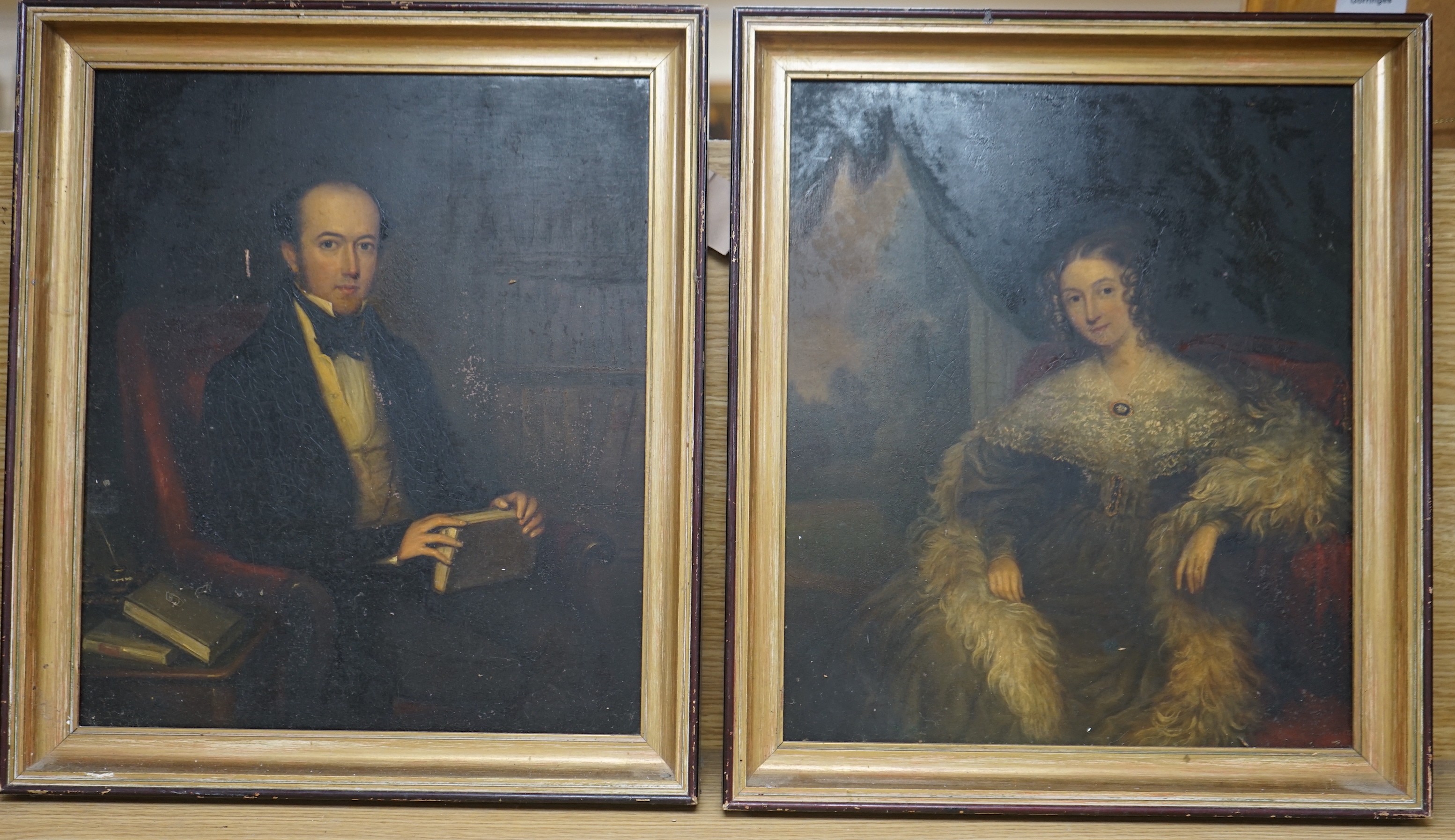 Mid 19th century English School, pair of oils on wooden panels, Portraits of Alexander Luard Wollaston and his wife, Susan, 34 x 29cm